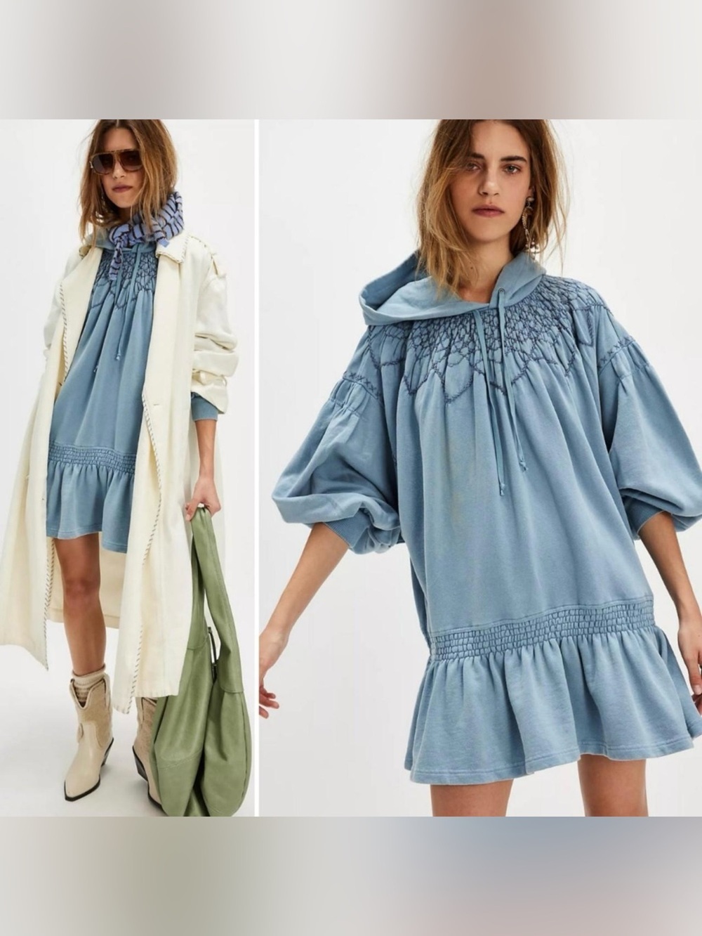 New Free People XS Marty Smocked Mini Sweatshirt Dress Hoodie Blue Embroidery - Picture 4 of 8